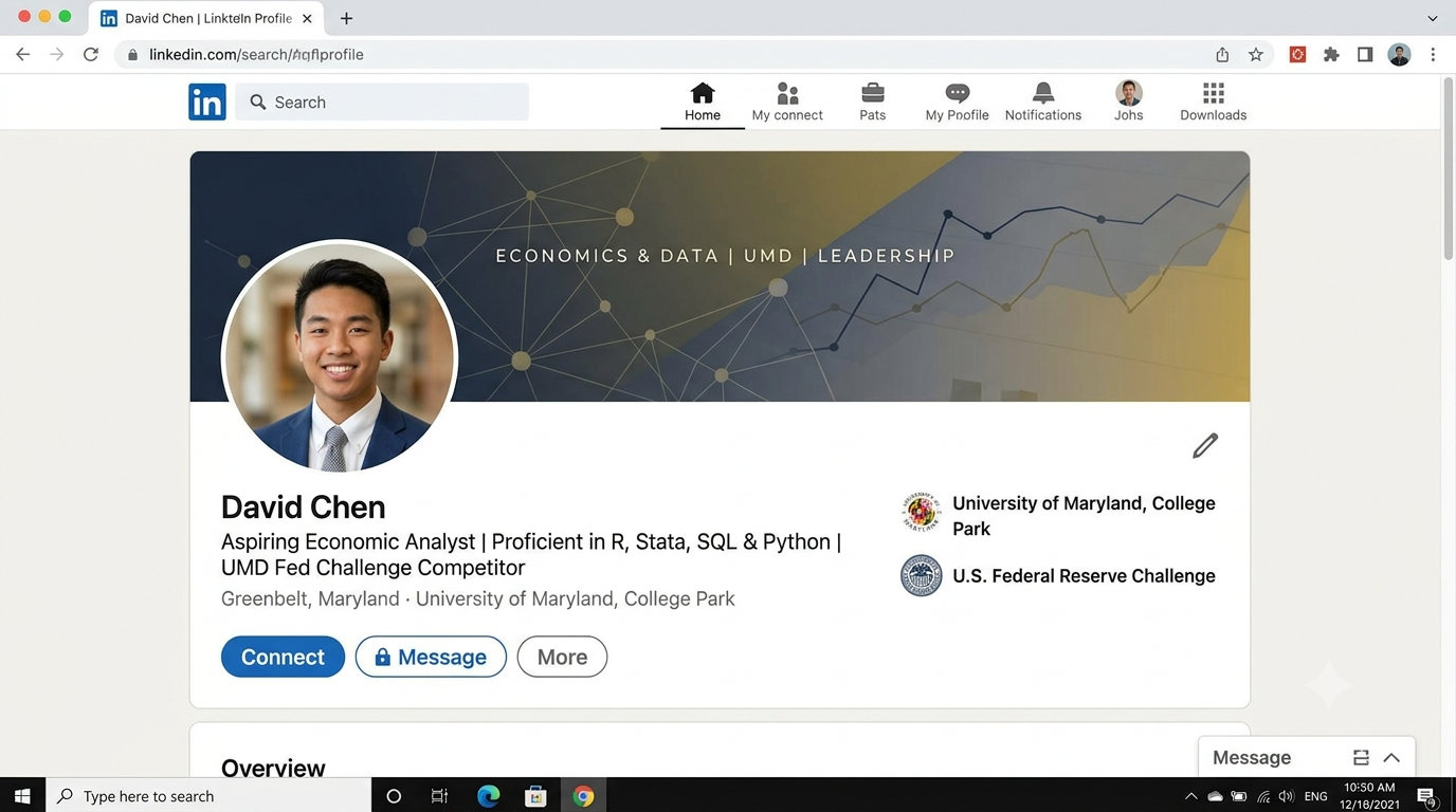 LinkedIn Headshot and customized banner with the headline "Aspiring Economic Analyst/Proficient in R, Stata, SQL, and Python/UMD Fed Challenge Competitor"